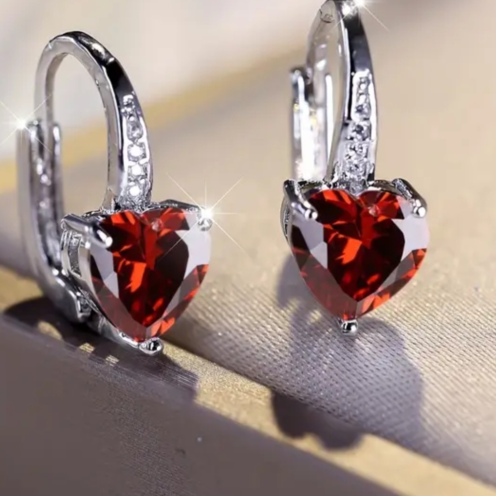 Heart-Shaped Red and Silver Earrings